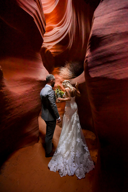 sexy antelope canyon wedding elopement bride and groom walking